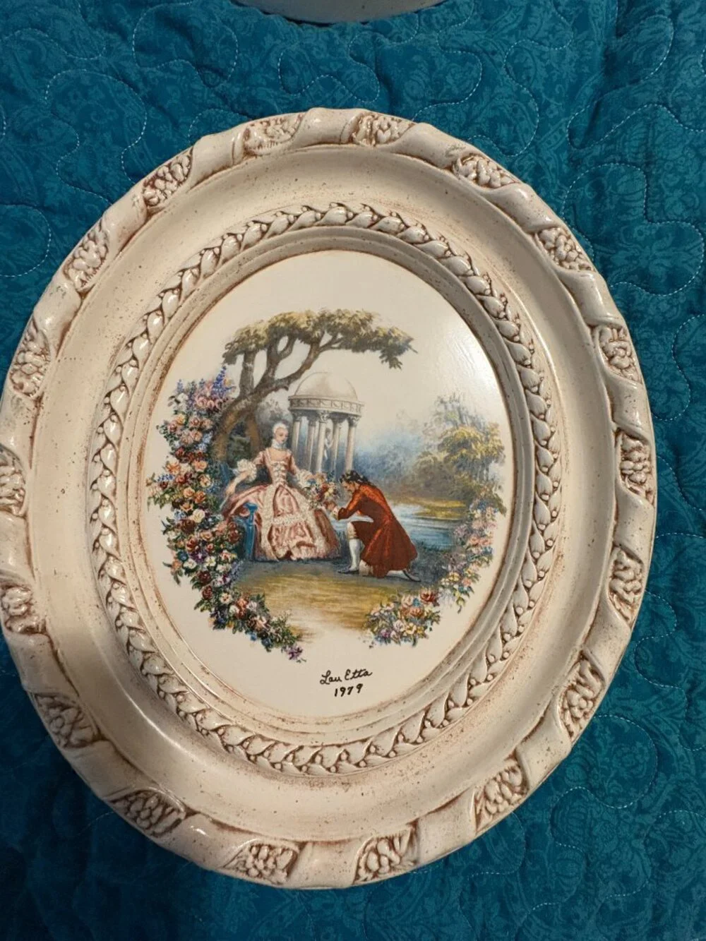2 Vintage Oval Decorative Plates w/Romantic Scene Lady on Swing 1979